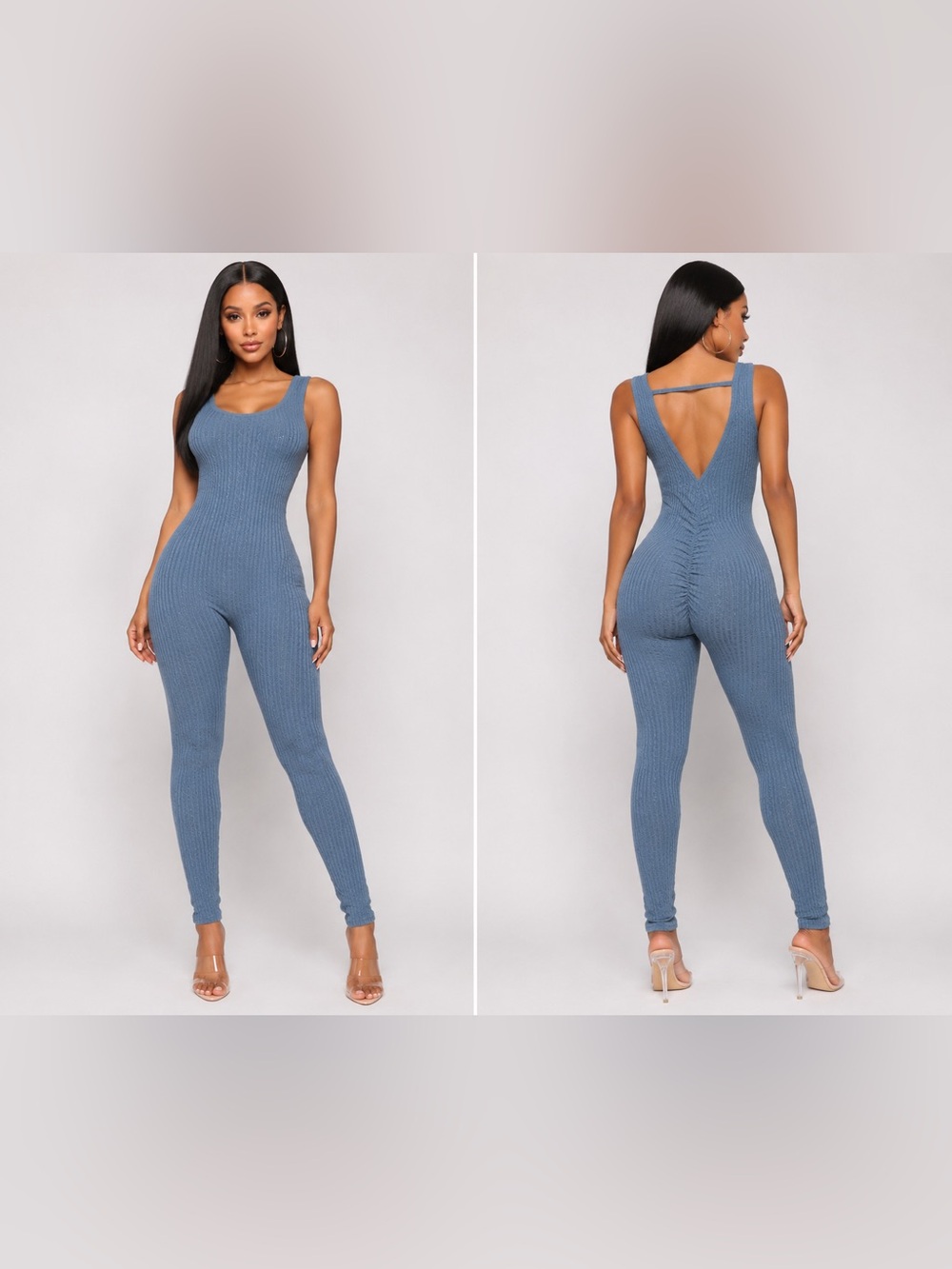 Rib-Knit Scoop Back Jumpsuit in Dusty Blue